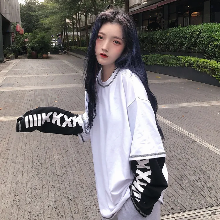 Woherb Harajuku поддельные 2 шт. футболки женские топы с принтом букв лоскутное Корейский Modis свободные весна осень леди футболка