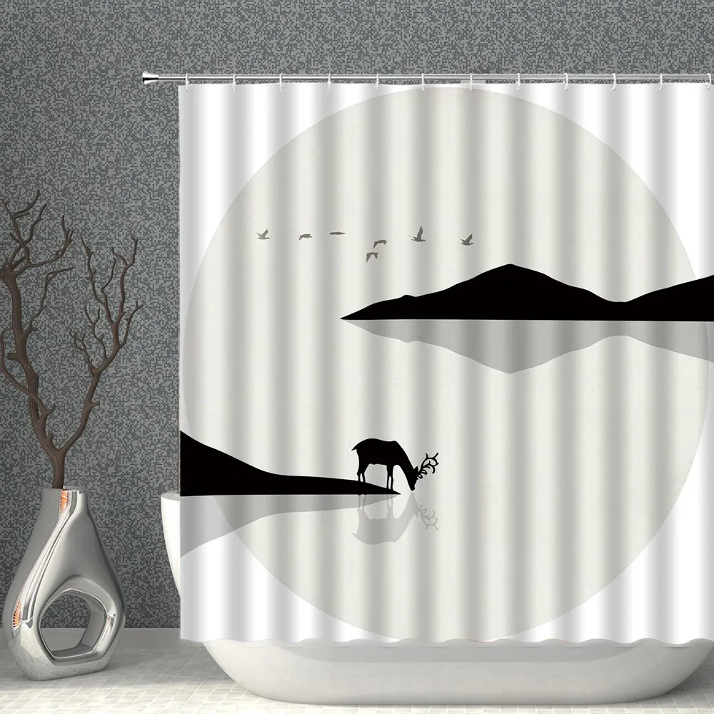 

Занавеска для душа с рисунком лося, водонепроницаемая ткань, цвет черный/белый, с рисунком, занавески для ванной комнаты в скандинавском стиле, экран для ванной комнаты