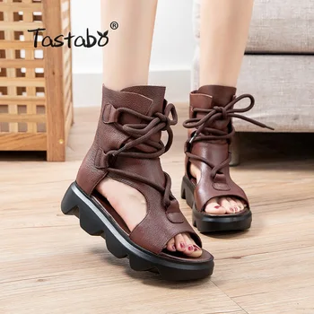 

2020 Summer Ankle Boots Genuine Leather Shoes Women Med High Heel Back Zipper Boots Cutout breathable Mujer Zapatos S2213