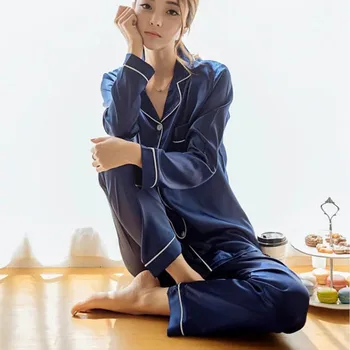 

Autumn Sleepwear Women Silk Satin Pajamas Set Women Long Sleeve Sleepwear Pajamas Lady Cardigan Female Homewear Clothing