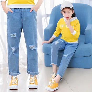 

2020 Autumn Baby Girl Jeans Korean Denim Loose Ripped Jeans For Girls Kids Fashion Clothes For Children School Pants Things 6 8
