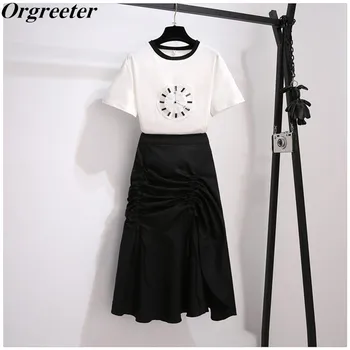 

2020 Summer New Hit Color Chic Sequined Timepiece Deco Tshirt + High waist Drawstring Ruched Mermaid Skirt Two piece Set Women