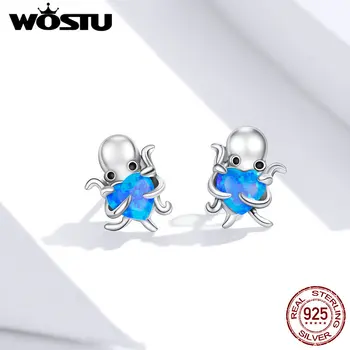 

Octopus Stud Earrings Animal Earrings WOSTU 100% 925 Sterling Silver Blue Opal Ocean Octopus Earrings for Women Jewelry FIE881