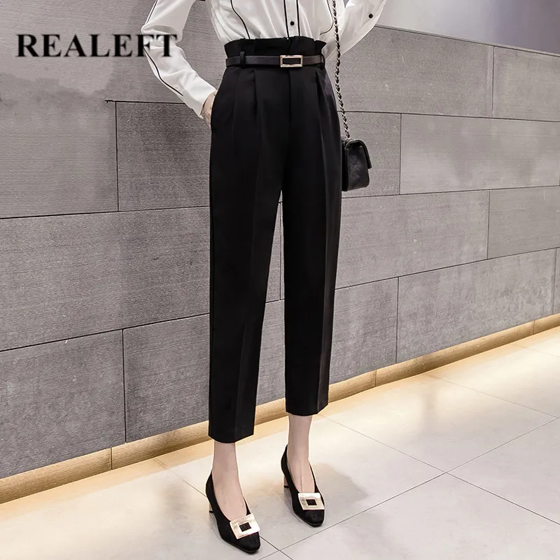 REALEFT New 2020 Spring Korean OL Style Women's Formal Harem Pants with Belt High Waist Elegant Office Lady Ankle-Length | Женская