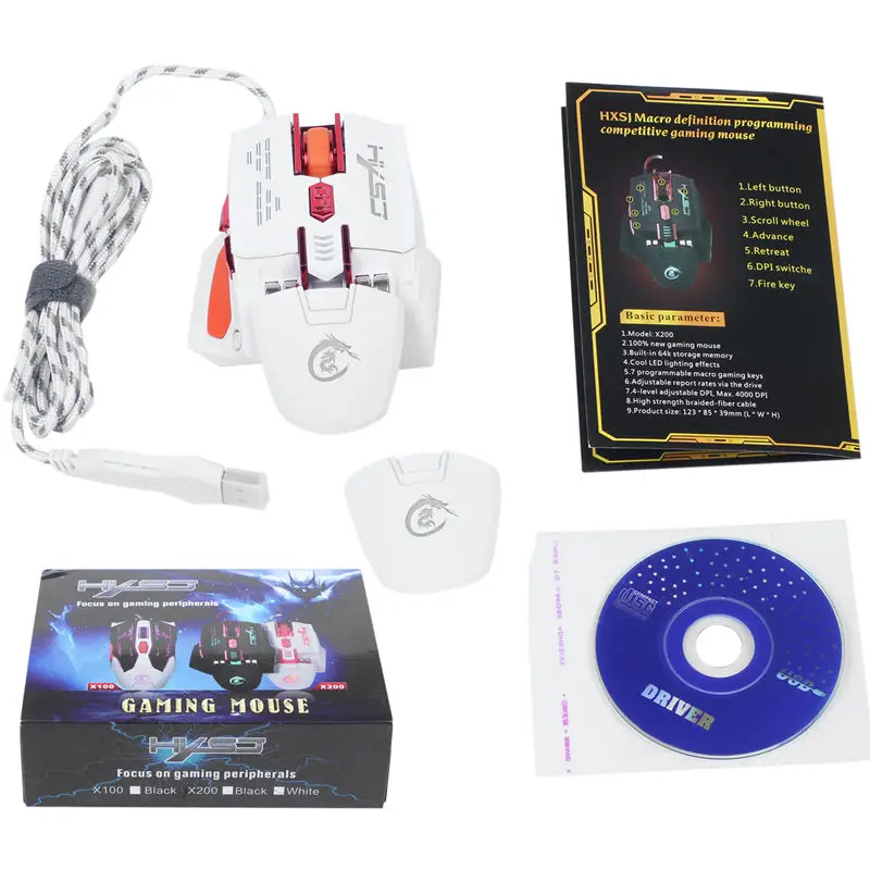 HXSJ X200 4000 dpi красочная игровая мышь 7 кнопок USB, белая