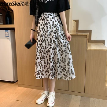 

BornSra High Waist Chiffon Women Midi Skirts Casual Floral Print Female Skirt Maxi Beach Tutu Skirt femme 2020 Spring Summer