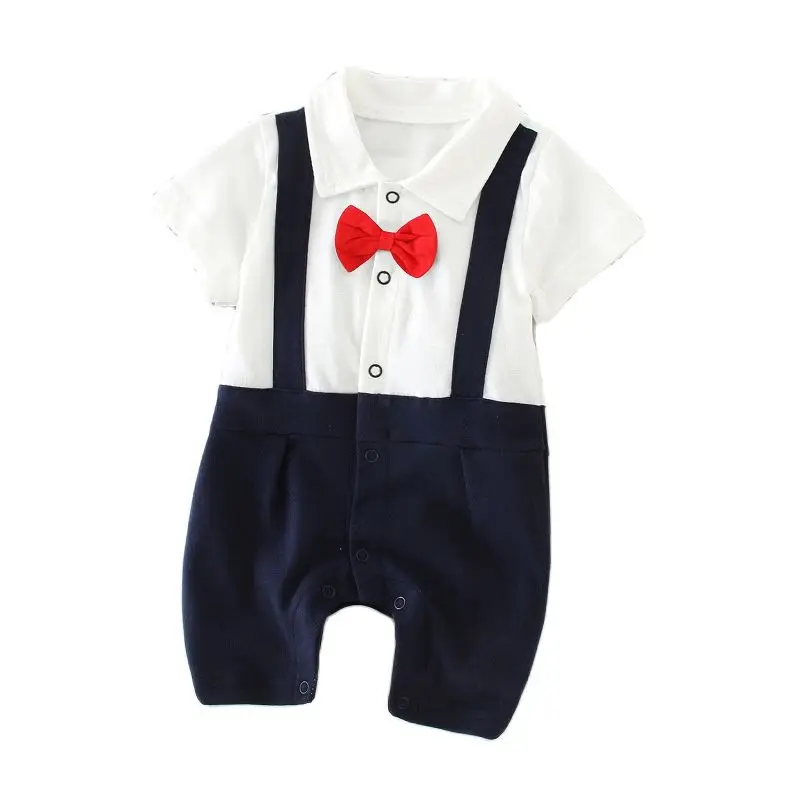 Summer baby jumpsuit cotton short-sleeved boy smock thin bow gentleman romper |