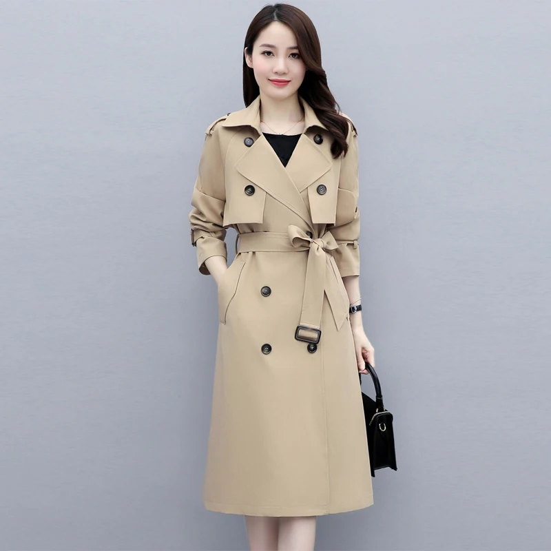 

2020 Solid Trench Jackets Women Mid-length Double-Breasted Lace-Up Suit Collar Wide-Waisted Raglan Sleeve Fall Jacket For Women