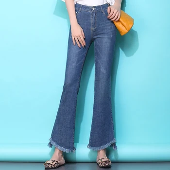 

HIgh Quality Ladies FLare Jeans 2020 Women Slim Washed Tassel irregular Cuff Ankle Length Denim Jeans Pluse Size Dropshipping