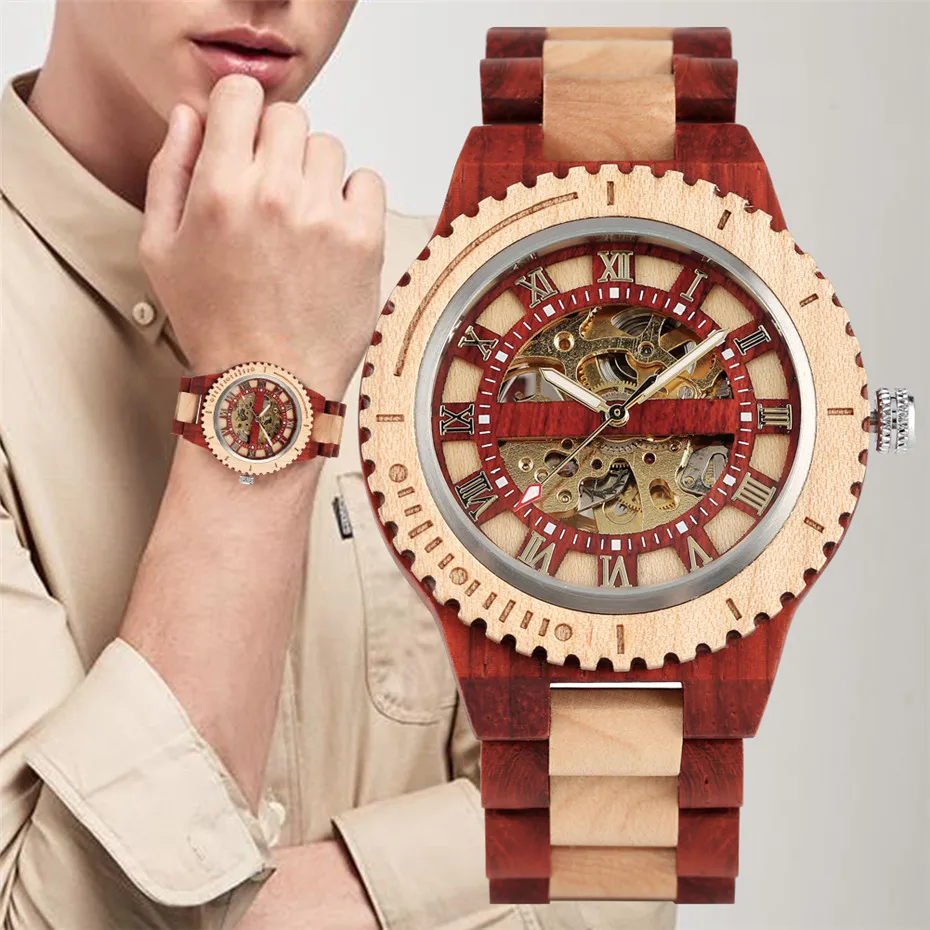 Roman Numerals Display Wooden Men Watch Automatic Mechanical Wood Bangle Wristwatch Self-Winding Luxury Male Clock New