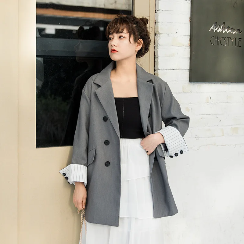 

2019 Autumn New Style Korean-style Simple Elegant Suit Collar Loose-Fit Cuff Contrast Colors Mid-length Small Suit Coat Women's
