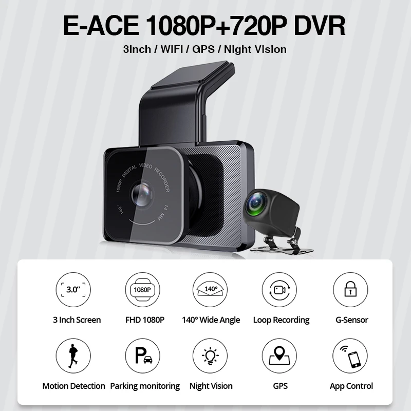 E ACE Автомобильный видеорегистратор GPS Dashcam 3 0 дюймов WiFi Dash камера FHD 1080P с камерой
