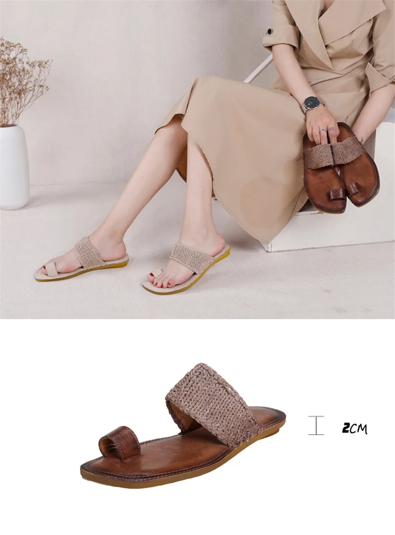 Original Summer 2020 New Clip Toe Flat Slippers Shoes Woman Vintage  Genuine Leather Slides Hand-Woven Ladies Flip Flops Sandals (7)