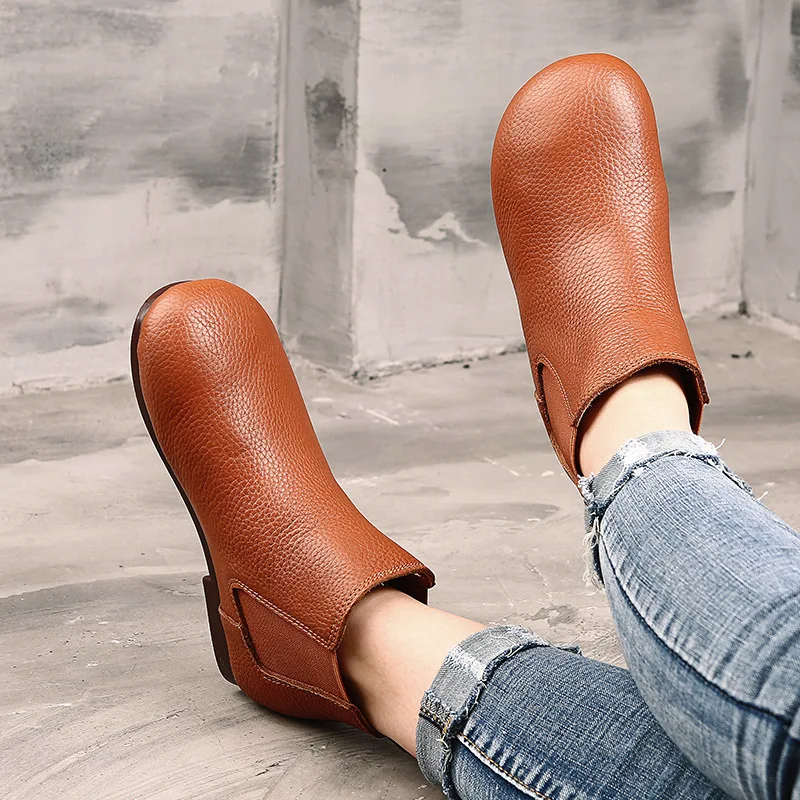 2021 new Leather ankle boots, flat shoes, vintage boots, round head, cowhide shoes, single boots PIAN 