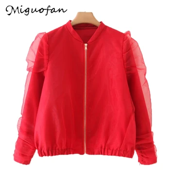 

Miguofan women jackets coats elegant red bomber jacket organza patchwork zipper fly coats long sleeve female casual outwear tops