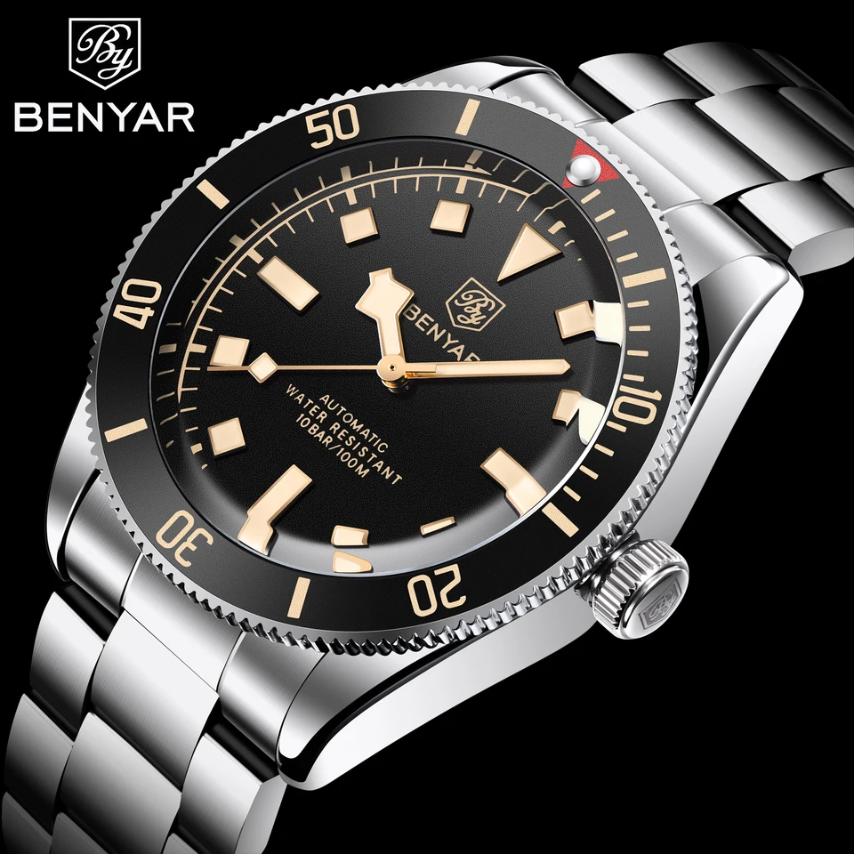 BENYAR Orologi automatici da uomo Orologio da polso di lusso in acciaio inox per gli uomini impermeabile luminoso a carica automatica orologio da polso business analogico