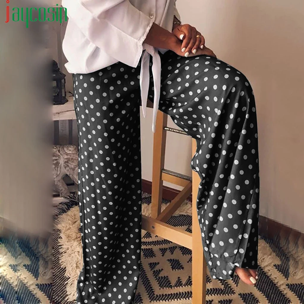 

Women trousers cotton high waist wide leg loose casual pants drawstring dot print plus size sports pants Ladies beach trousers
