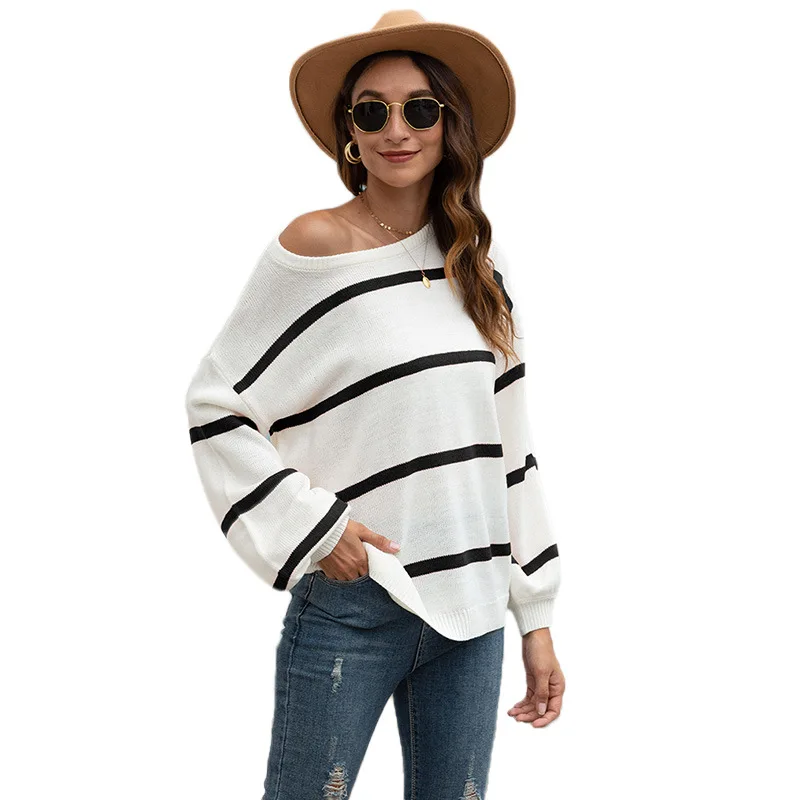 

2020 Autumn and Winter Women's Sweater New Round Neck Strapless Striped Color Matching Women Sweater Halloween Sweater Women