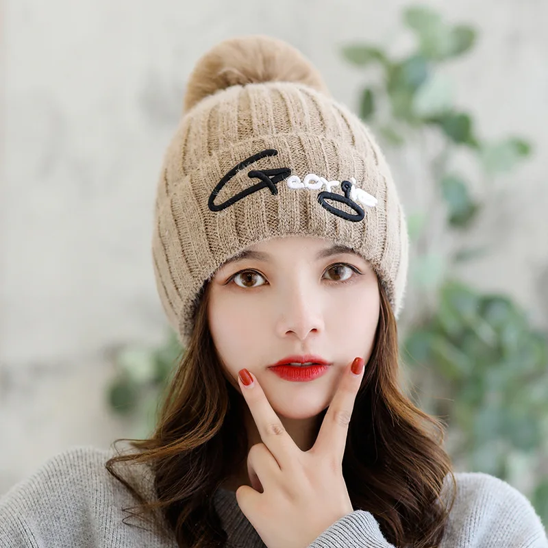 New Winter Knitted Beanies Hats Women Pompom Letter Knit Hat Fashion Solid Color Warm Beanie Skullies Hat Female Winter Cap - Color: khaki