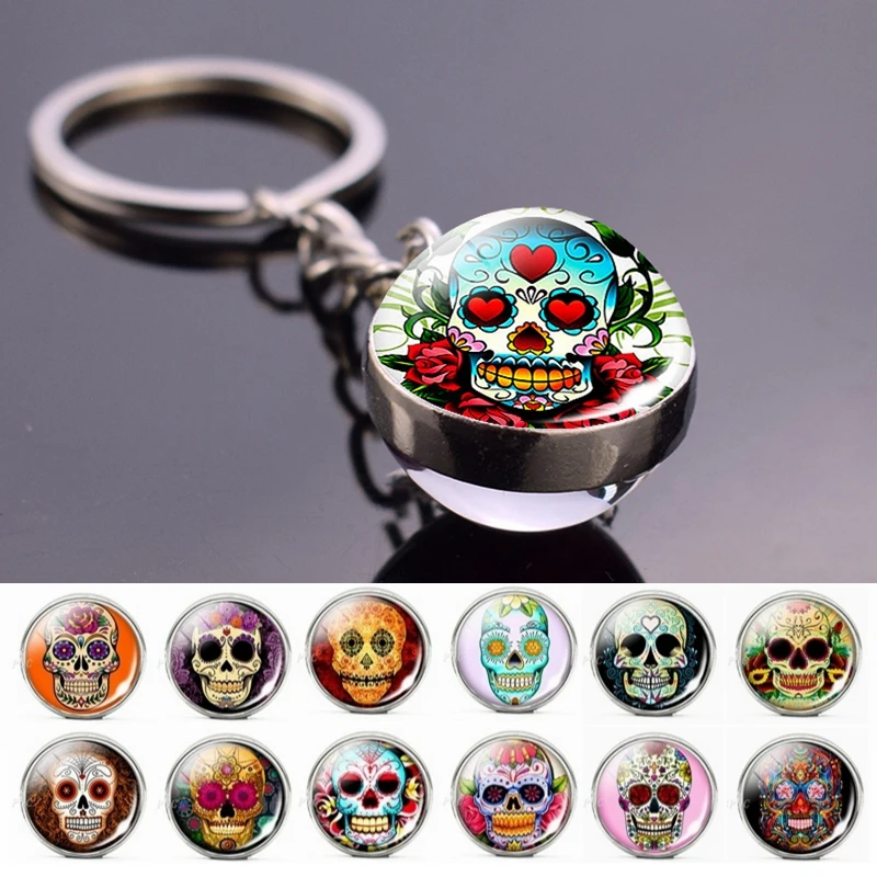 Flower Sugar Skull Keychain Head Glass Ball Key Chains Jewelry for Men Women Christmas Gifts Dropshipping | Украшения и