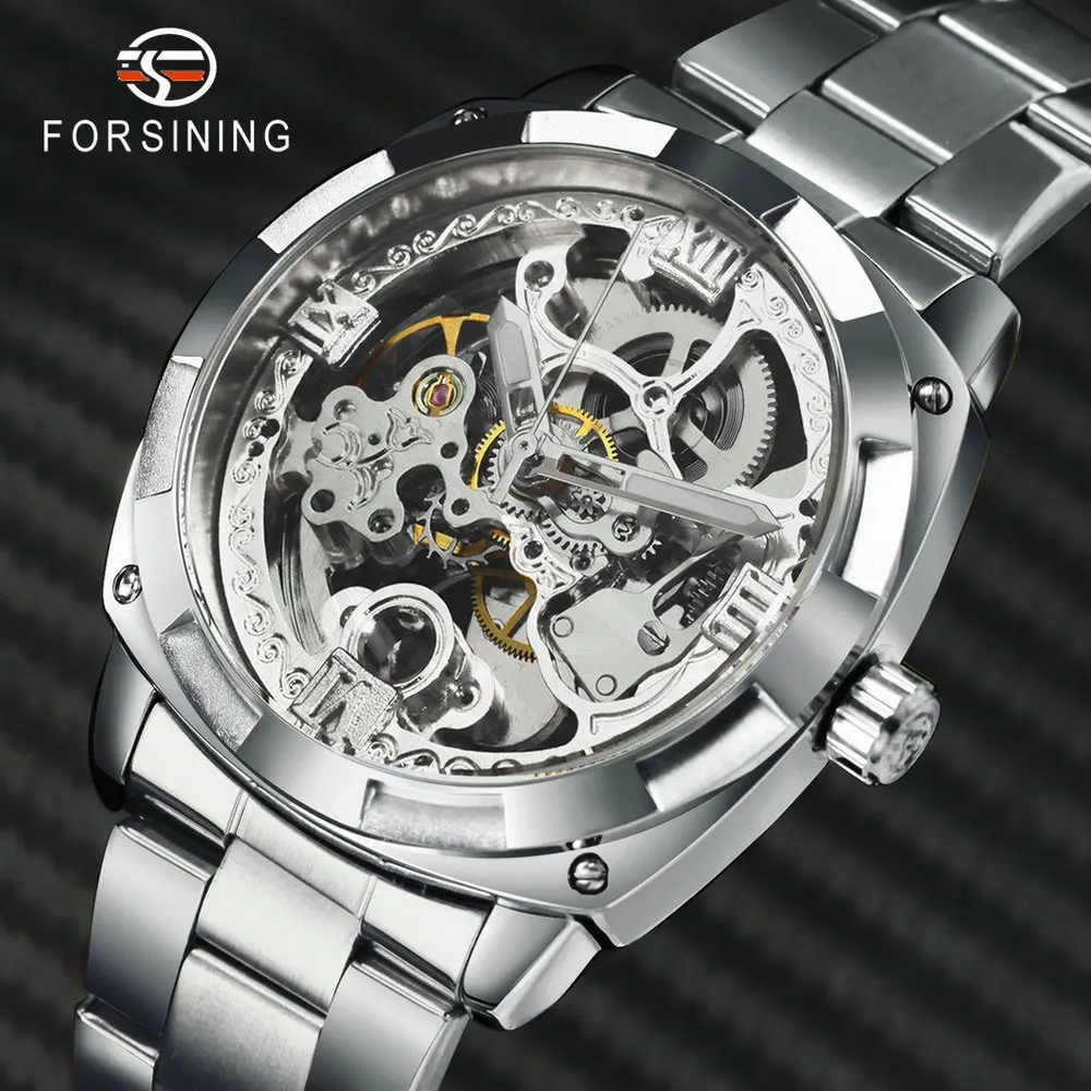 

FORSINING Luxury Brand Watch Automatic Mechanical Skeleton Watches for Men Carved Dial Stainless Steel Strap Classic Wristwatch