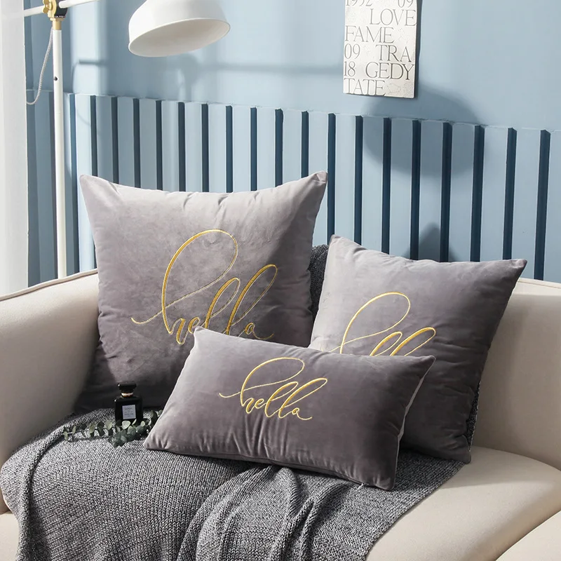 Grey 45x45 см мягкий чехол мягкий бархат домашняя декоративная Подушка Крышка Привет вышивка/30x50 см/55x55 см синий зеленый красный серый фиолетовый - Цвет: Grey