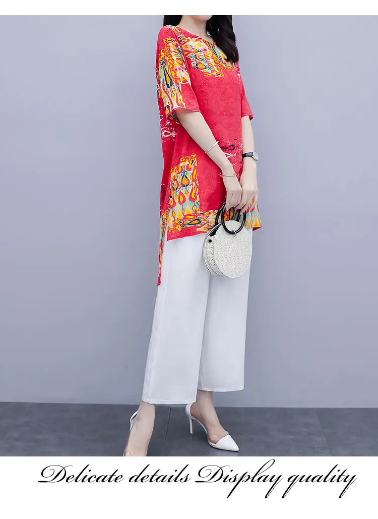 coord sets women Single/Two-Piece Suit Summer New Womens Vintage Print Casual Blouse Long Loose-Fitting Plus Size Stylish White Wide-Leg Trousers plus size pjs