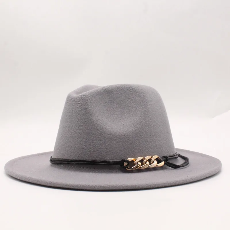 woolen Felt Hat Men Fedora Hats with Chain Women Vintage Trilby Caps Wool Fedora Warm Jazz Hat Chapeau Femme feutre Panaman hat - Цвет: light grey
