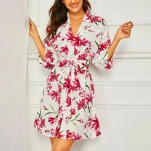 Новая модная женская шифоновая ночная рубашка с принтом, Изысканная Цветочная пижама с длинным рукавом, халат с поясом, банный халат для женщин, ночная рубашка