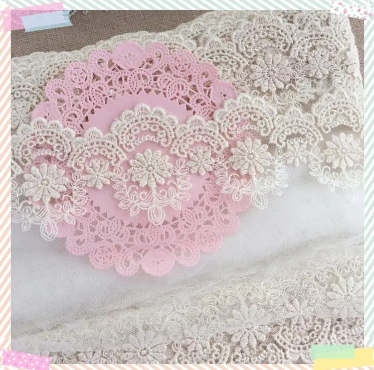 Lace Fabric Chiffon Lace Fabric 2 Meters Lace Trim Beige Cotton Flowers Embroidered Tulle Lace Fabric 13cm Width Doll Dress Underwear Costume DIY Craft Supplies