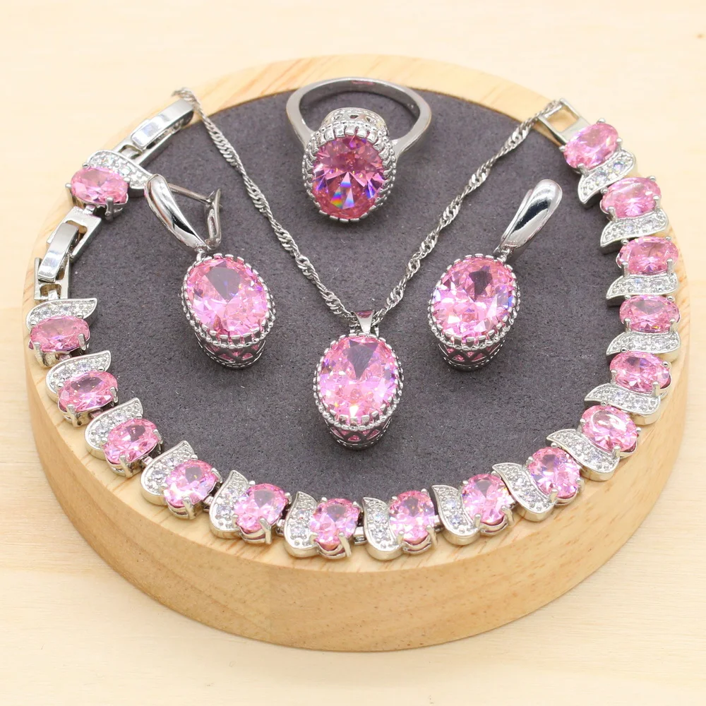 

925 Sterling Silver Luxury Popular Pink Stones Cubic Zirconia Jewelry Sets For Women Earrings Pendant Necklace Ring Bracelet