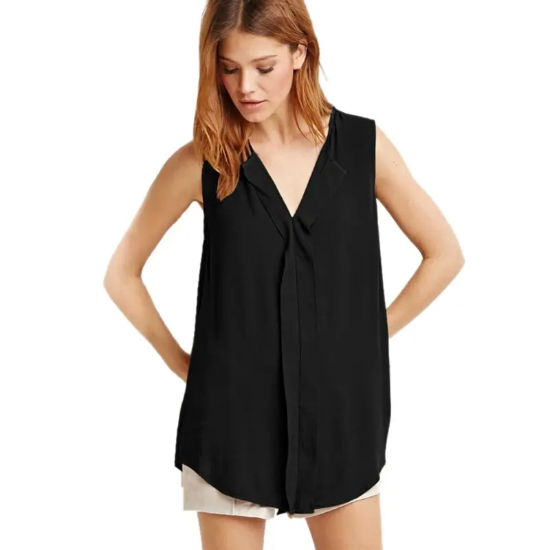 Summer New Women Casual Chiffon Tops Solid Color Ladies Loose V-Neck Sleeveless T-Shirts Plus Size 6XL | Женская одежда