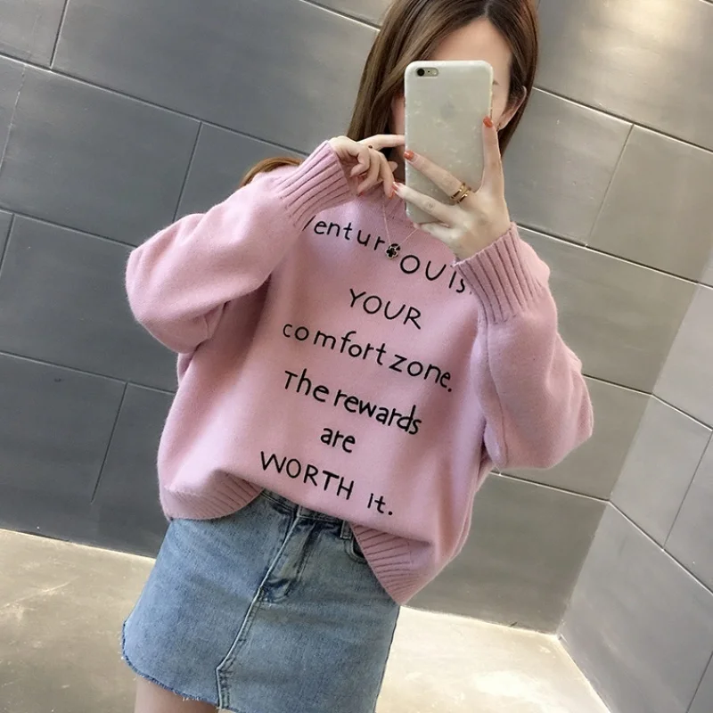 

Autumn Winter Half High Collar Knit Tops Women Sweater 6 Color Long Sleeve Jumper Ladies Letter Print Knitted Pullovers Female