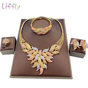 

Liffly African Jewelry Sets Colorful Necklace Bracelet Earrings Ring Women Fashion Jewelry Set Wedding Bridal Jewelry