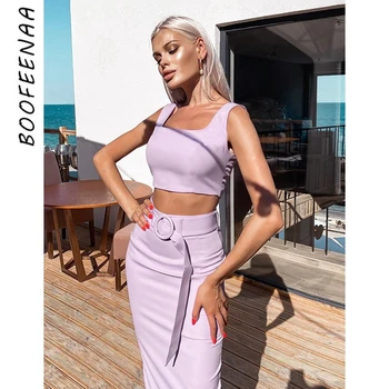 

BOOFEENAA Elegant Sexy Two Piece Set Women Bodycon Dress Suit Sexy Club Outfits Fall 2020 Crop Top Skirt Matching Sets C70-BI26