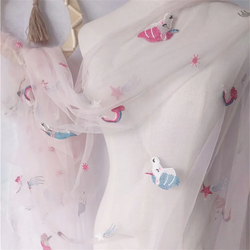 

Pink OFF White Mesh Embroidery Lace Fabric Tulle Net Yarn Cloth Cartoon Animal Unicorn Skirt Chilren Dress Doll DIY Accessories
