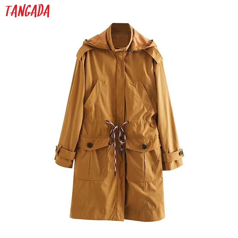 Tangada модные женские туфли коричневый длинный плащ с капюшоном пальто негабаритных карман офисные женские элегантные рабочая одежда ветровка 4M128