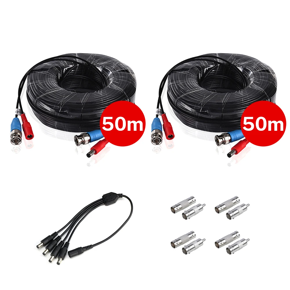  2PCS 50M 164 Feet BNC Video Power Cable For CCTV Camera DVR Security System 1 to 4 Port Power Split - 4.00023E+12