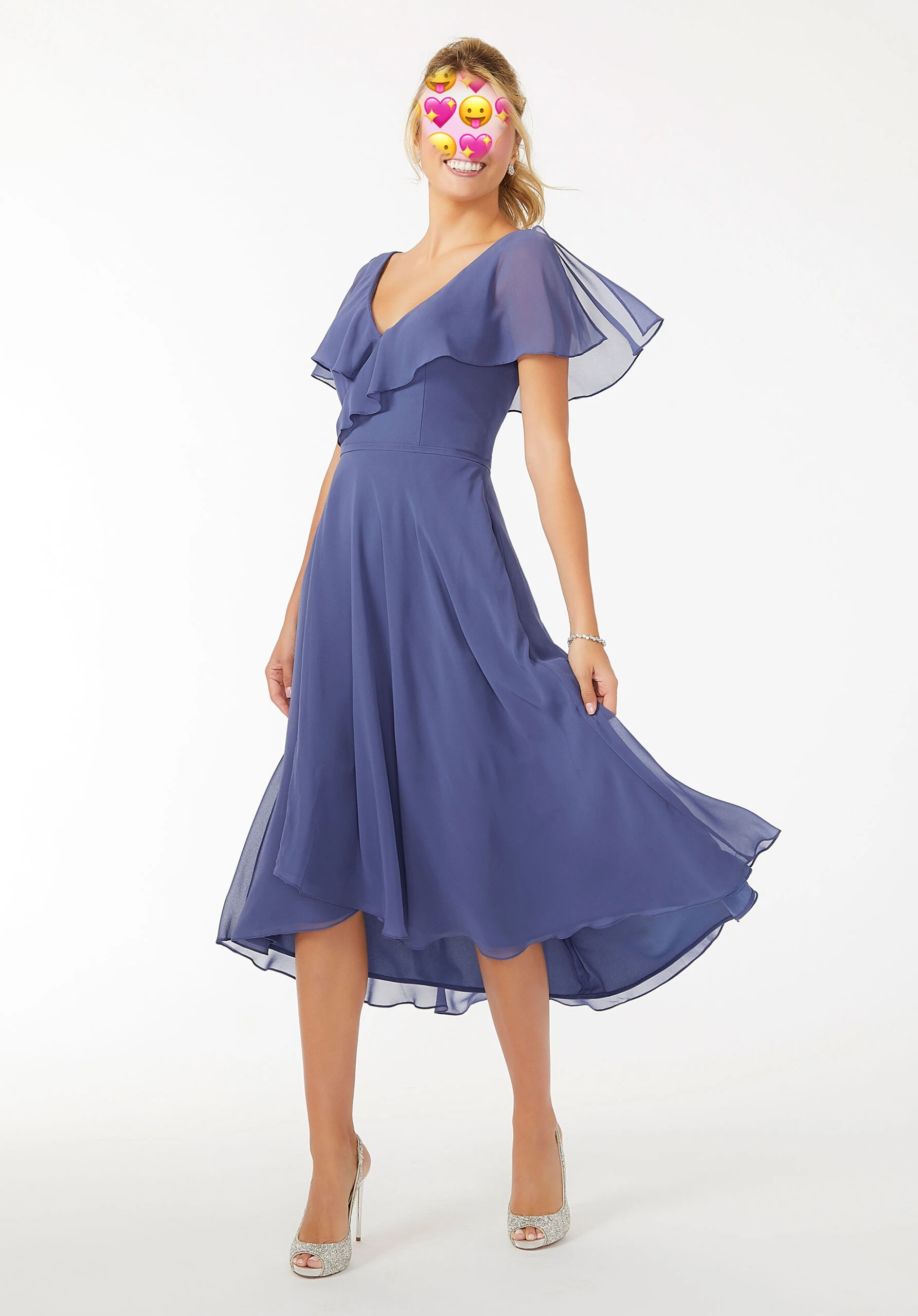 

Hi Low Bridesmaid Dresses Ruffles Sleeve V Neck Wedding Guest Dresses Blue Chiffon Wedding Evening Dress