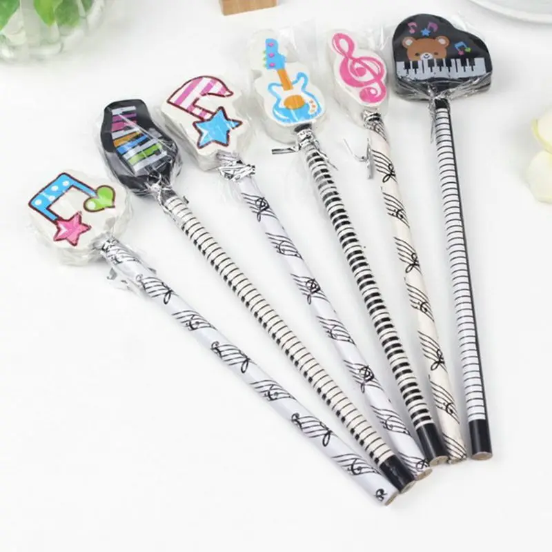 

6pcs Musical Note Pencil 2B Standard Round Pencils Piano Notes Eraser Writing Drawing Tool Stationery School Student Gift