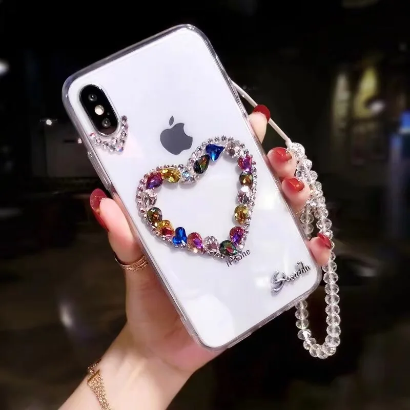 

case for iPhone 11 XR 7 8 11 Pro Max X XS Max Plus 6 6s cover Lovely Rhinestone Love heart(without chain)