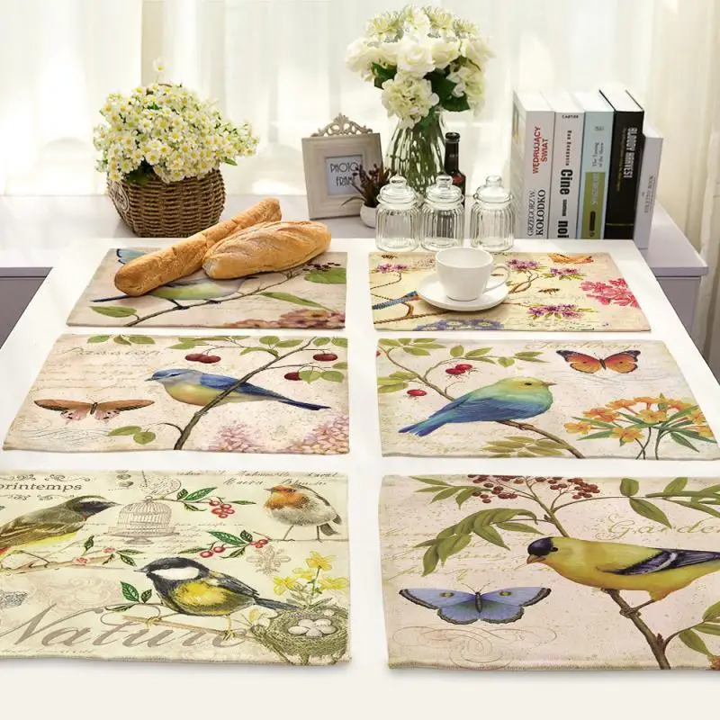 

6pcs Individual Placemats Fabric Linen Napkin Kitchen Cotton Napkins Decorated Servetten Serviette Table Mat Bird Rural Style