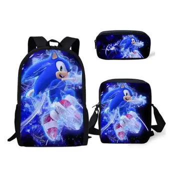 

Fashion 3PCs Set Backpack Sonic The Hedgehog Pattern Students School Bags Cartoon Backpack/Messenger Bag/Pen Bag Set
