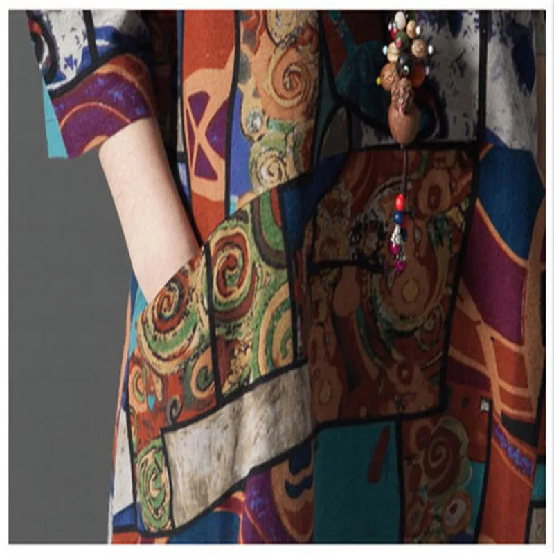 New Big Yard M-XXL Fashion National wind Cotton and Linen Women Autumn Dress AU0058