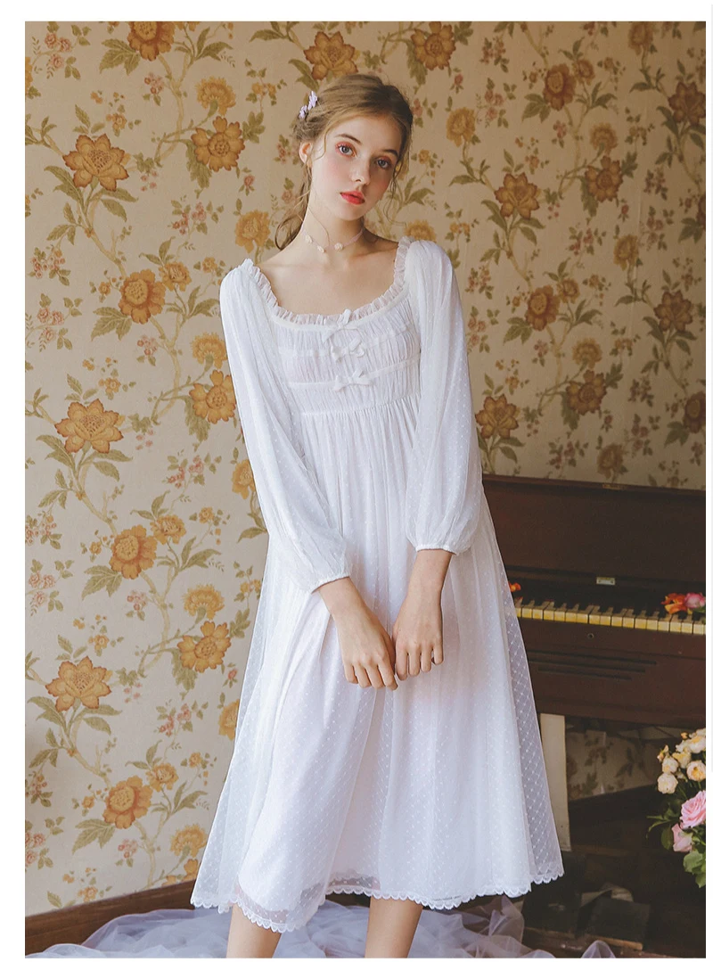 Женская ночная рубашка белая кружевная хлопковая ночная рубашка ночная одежда женское платье для сна с длинным рукавом