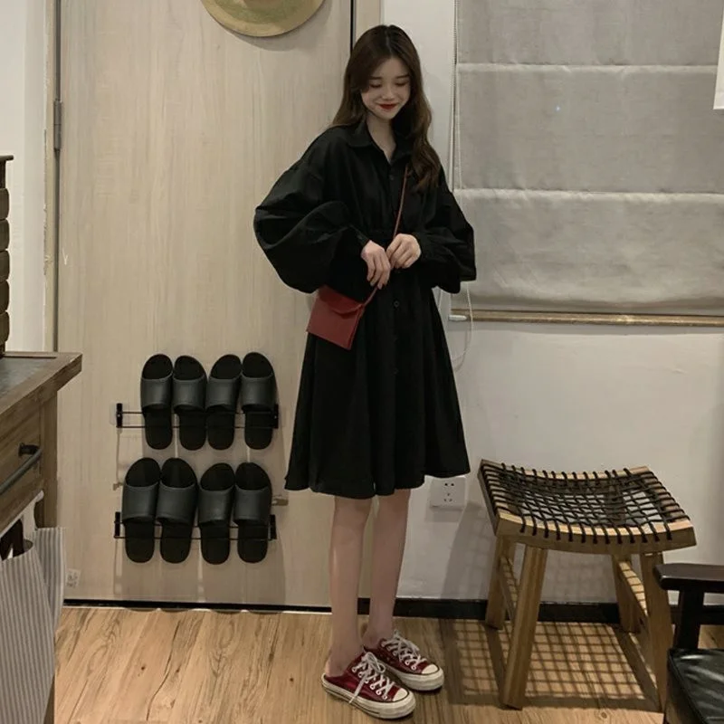 Early Spring Tea Break Skirt Female Summer Retro Waist-Controlled Slimming A- line First Love Black Dress Small Size | Женская одежда