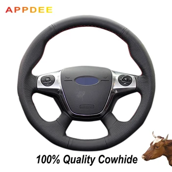 

APPDEE Black Genuine Leather Car Steering Wheel Cover for Ford Focus 3 2012-2014 KUGA Escape 2013-2016 C-MAX 2011-2014