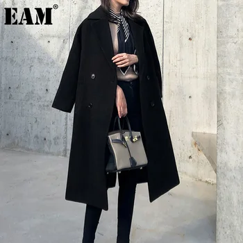 

[EAM] Loose Fit Black Big Size Long Woolen Coat Parkas New Lapel Long Sleeve Women Fashion Tide Autumn Winter 2020 1DD0980