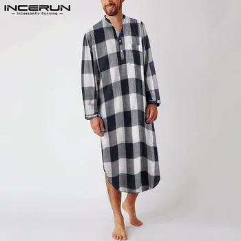 

2020 Plaid Robes Men Sleepwear Homewear Long Sleeve Stand Collar Cotton Fashion Bathrobes Leisure Mens Nightgowns S-5XL INCERUN