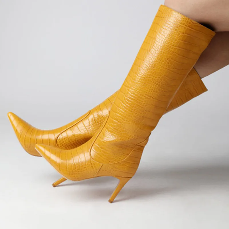 yellow Sexy Slim High Heel Boots Quality Brand Designer Stiletto Heel Botas Mujer Pointed Toe Embossed Female Knww High Boots Plus Size - Цвет: yellow